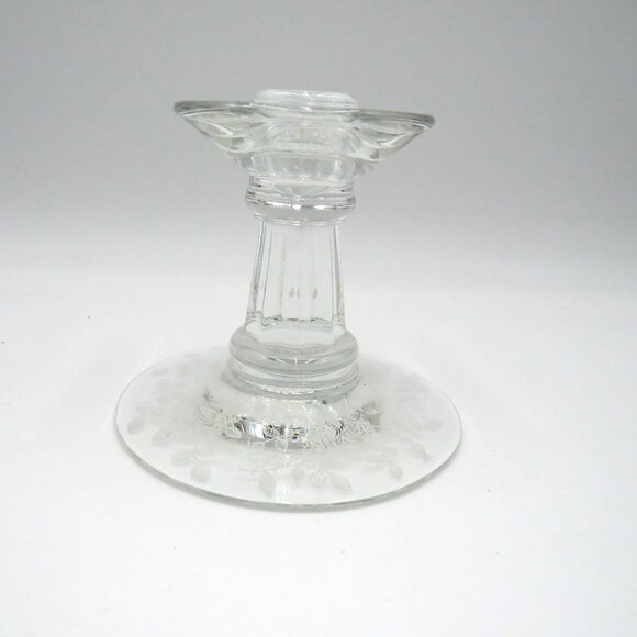 Fostoria 2960 1/2 Coronet Candle Holder 4" Clear Glass Etched Floral Rose Design - Picture 1 of 7